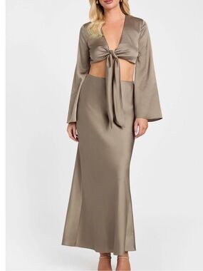 Guess by Marciano Taupe Satin Tie-Front Two-Piece Maxi Set